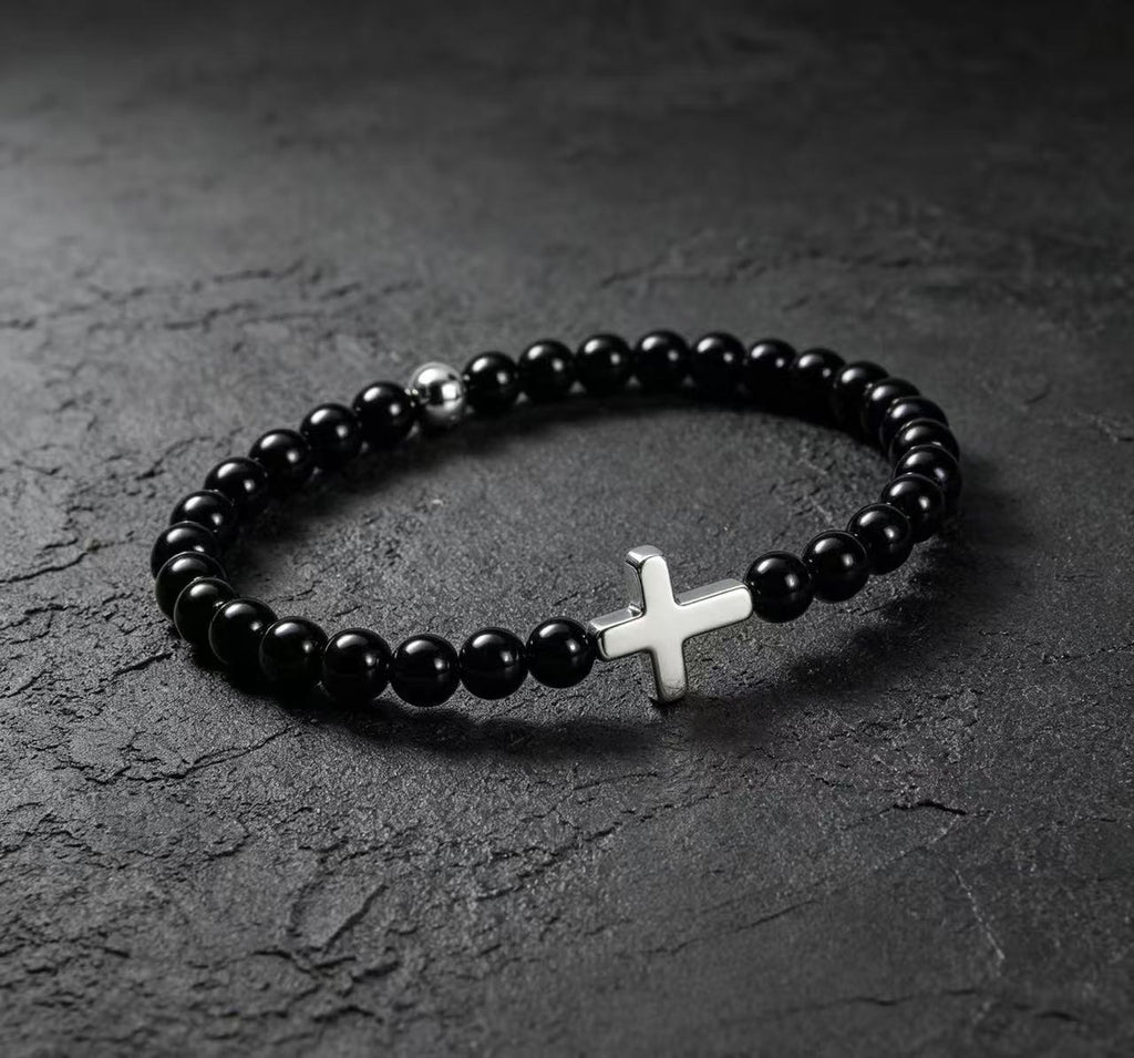 Black Obsidian Cross Beaded Bracelet