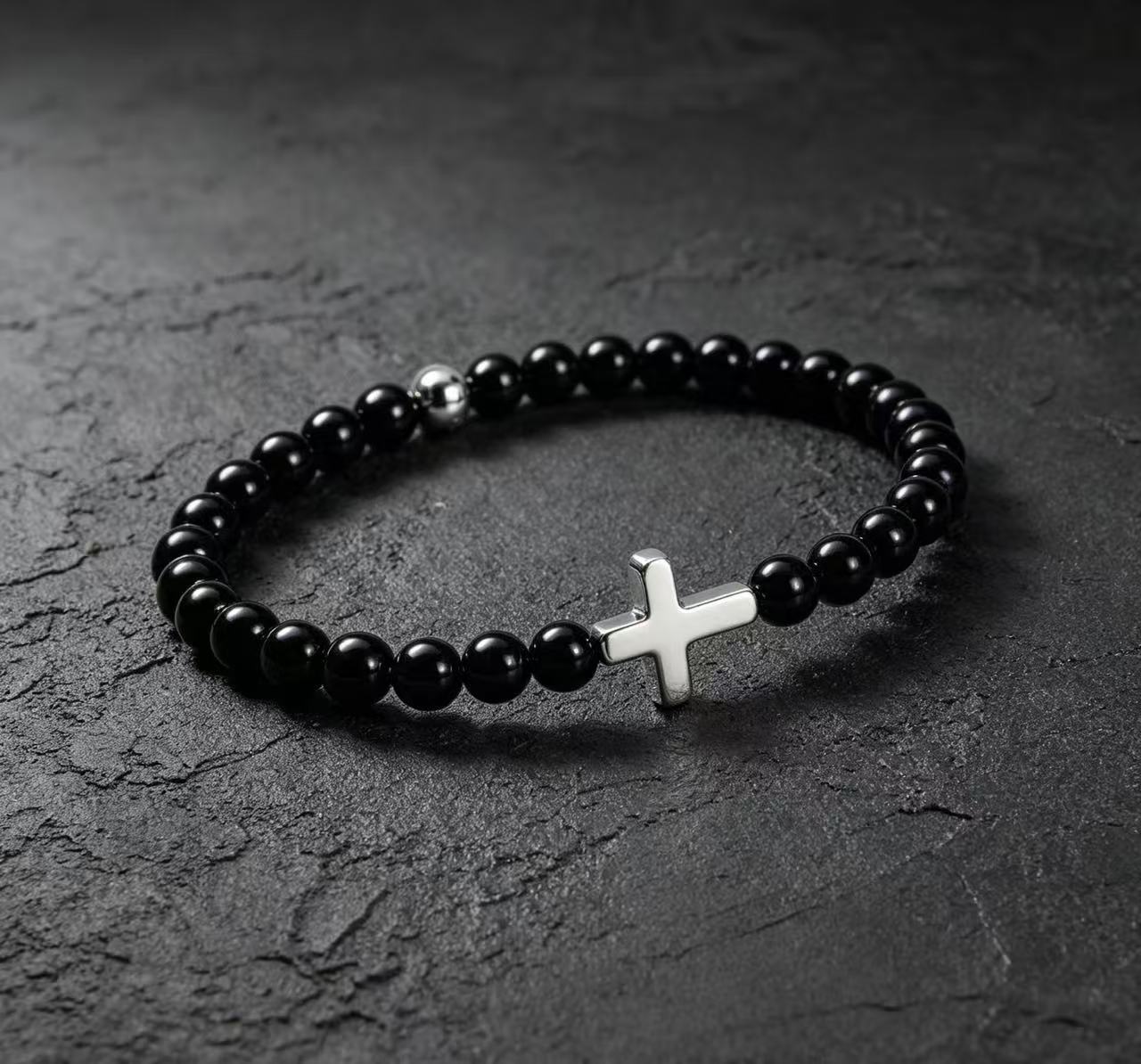 Black Obsidian Cross Beaded Bracelet