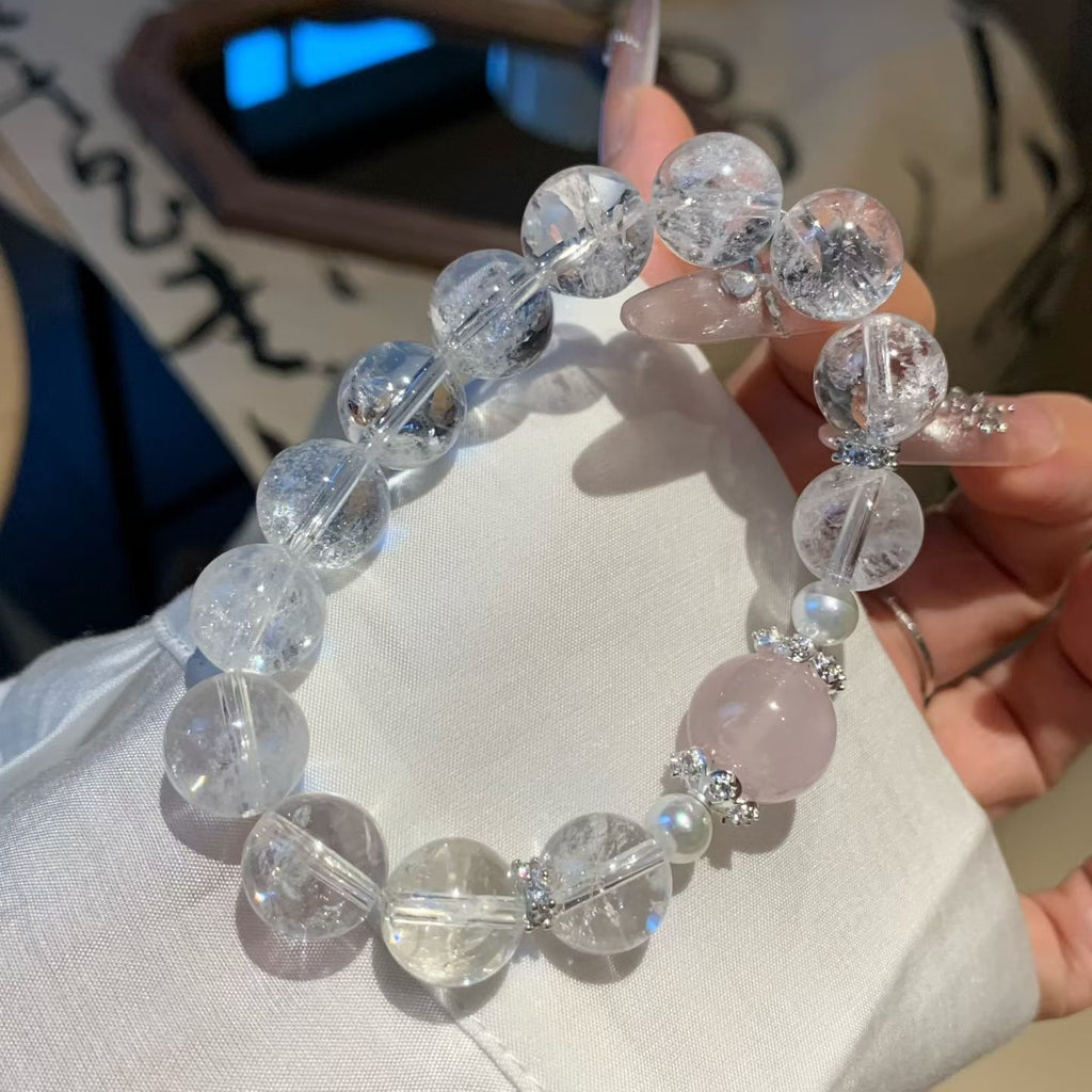 Gentle Natural Stone Bracelet: Clear Quartz & Soft Rose Quartz