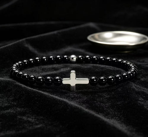 Black Obsidian Cross Beaded Bracelet