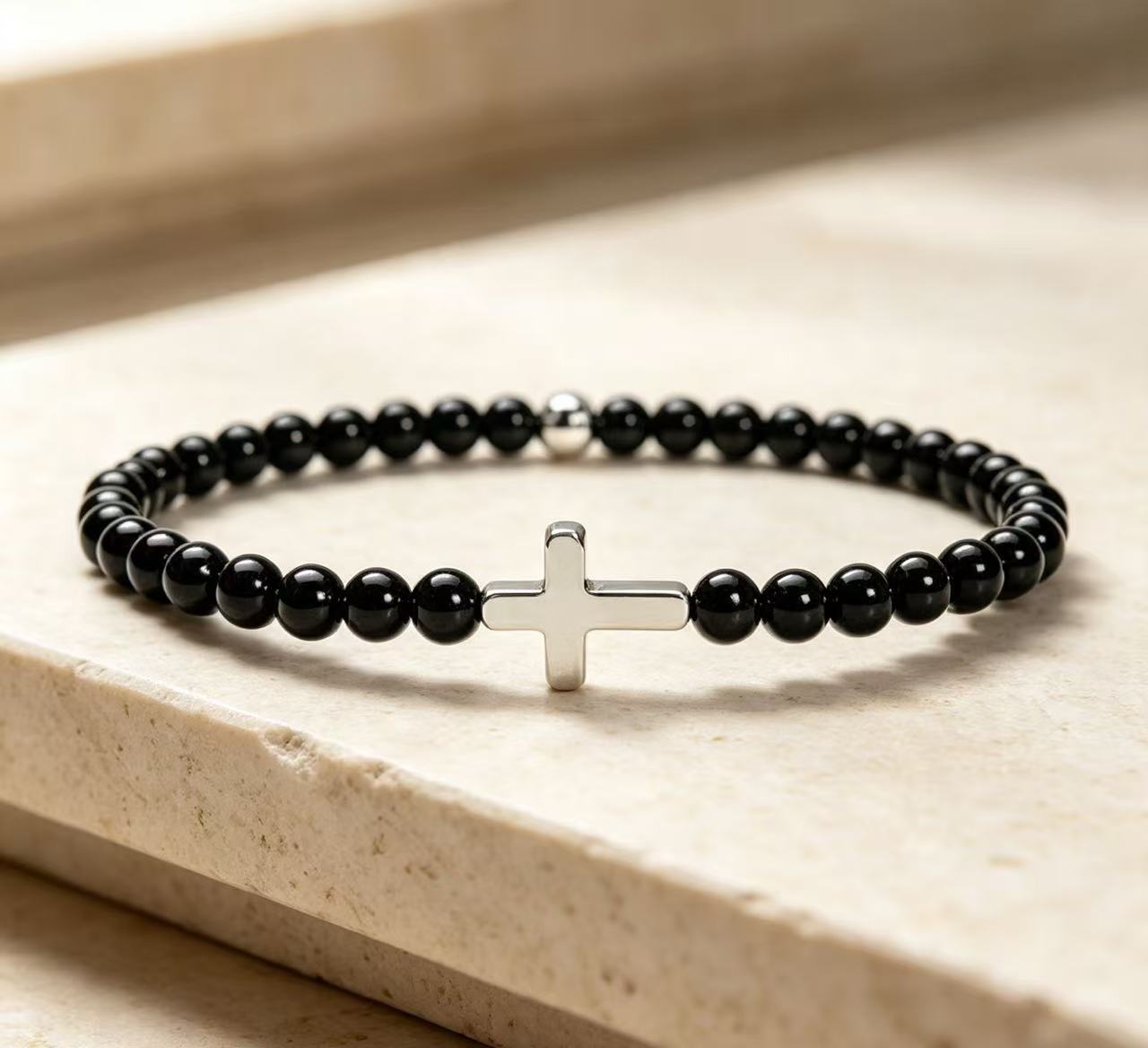 Black Obsidian Cross Beaded Bracelet