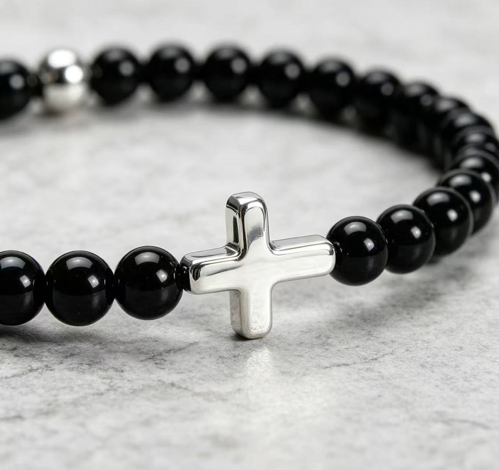 Black Obsidian Cross Beaded Bracelet
