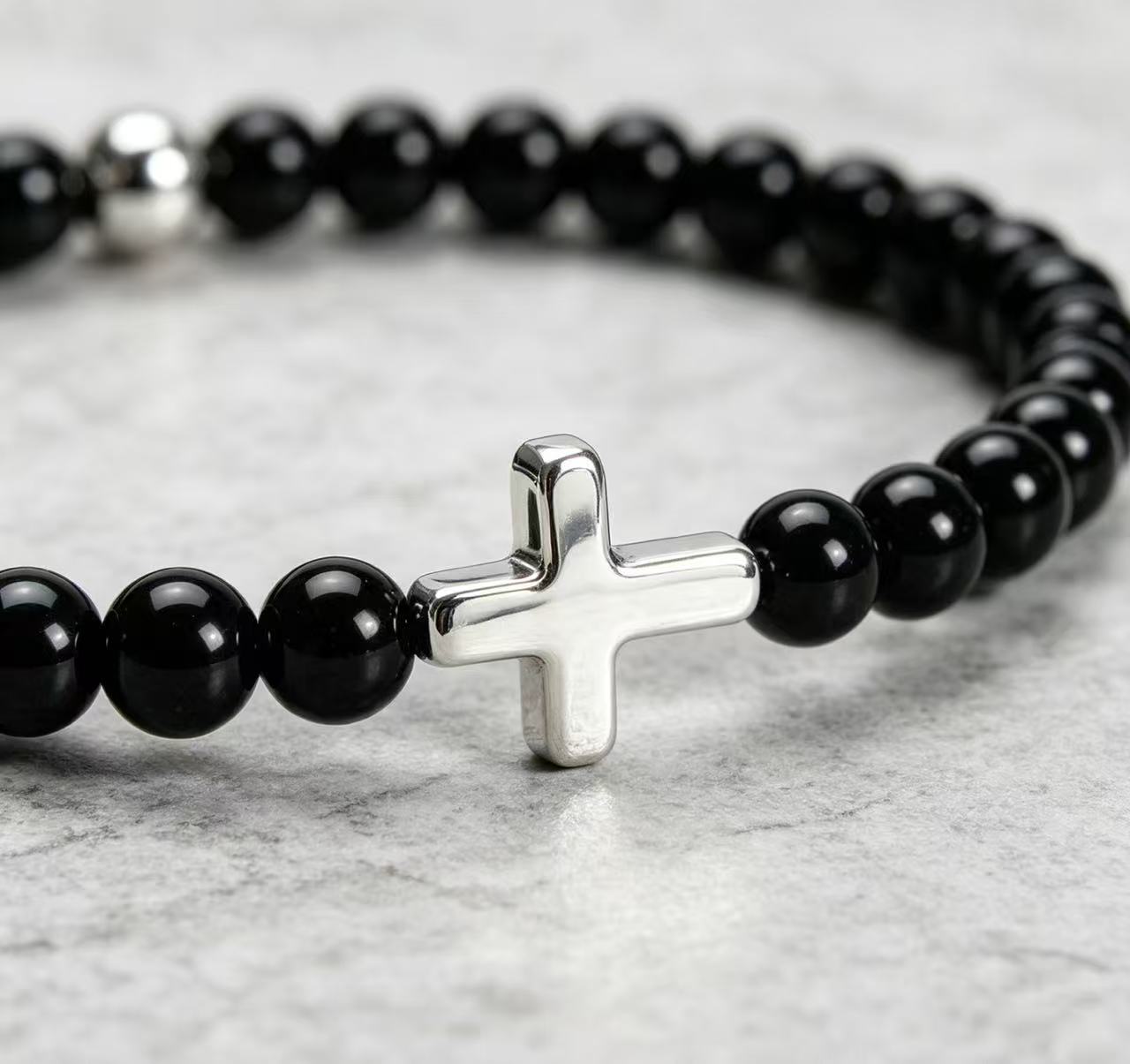 Black Obsidian Cross Beaded Bracelet
